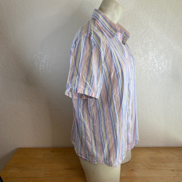 Blair Womens Med Pink Blue Stripe Cotton Blouse Button Front Short Sleeve Pocket - Picture 8 of 10